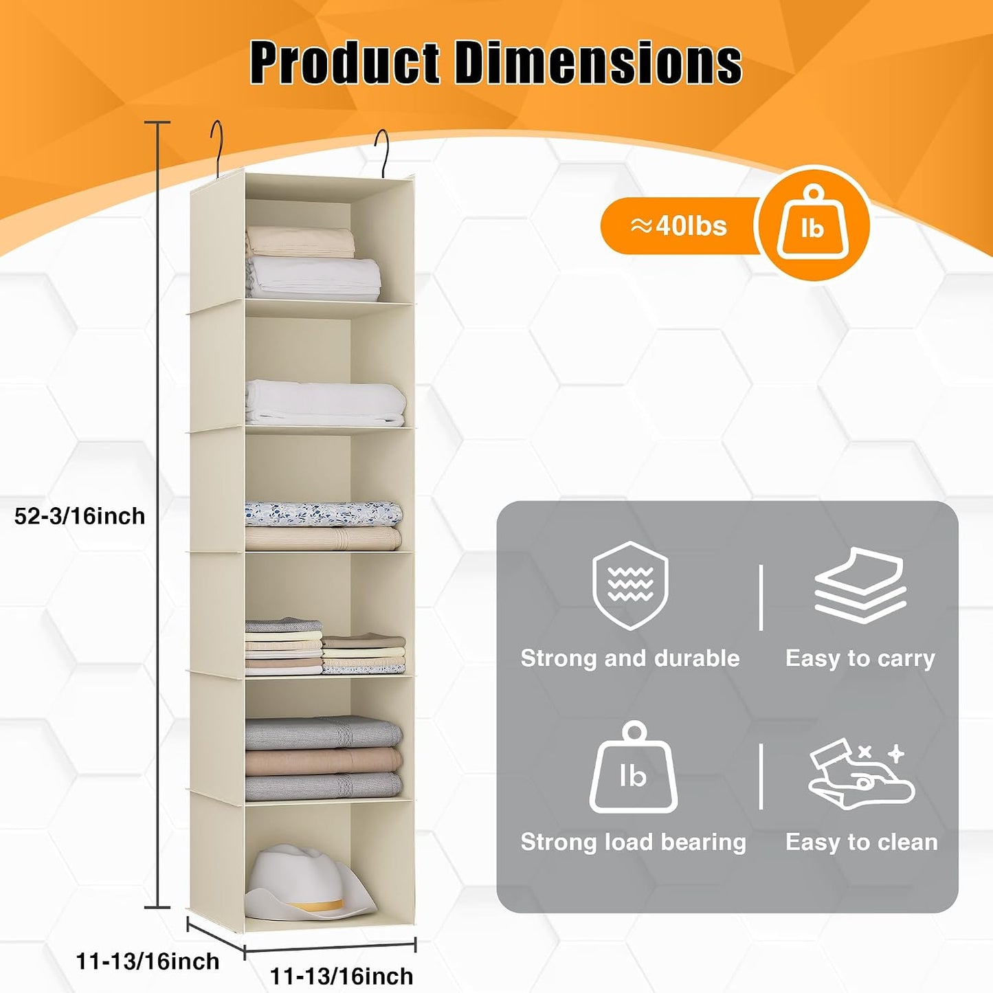 Hanging Closet Organizer 3-Shelf, Oxford Fabric Wardrobe Storage, Gray | Easy-mount foldable design holds clothes, handbags, shoes & accessories; washable Oxford fabric, sturdy and space-saving.