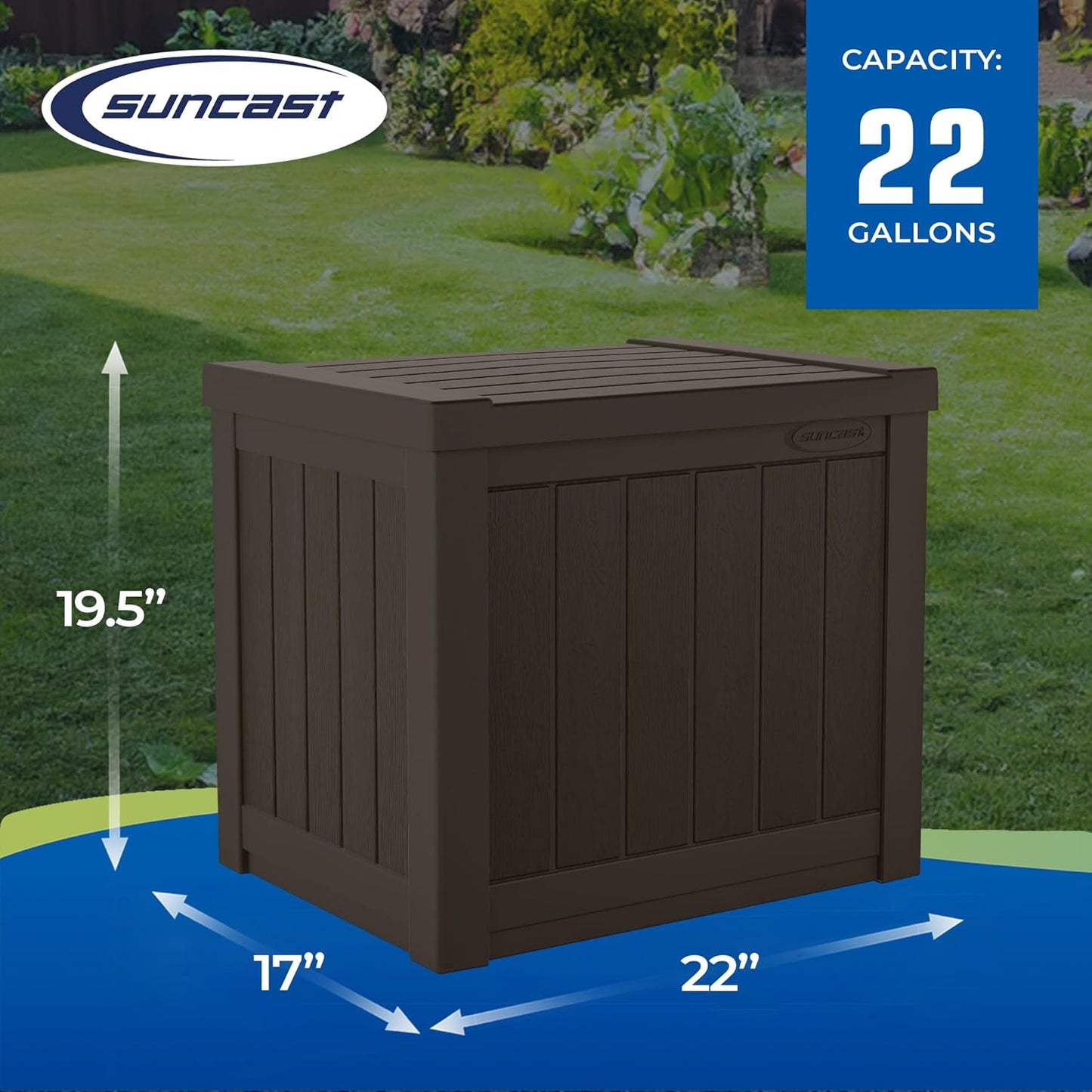 Suncast 22-Gallon Small Deck Box - Lightweight Resin Indoor/Outdoor Storage Container and Seat for Patio Cushions and Gardening Tools - Store Items on Patio, Garage, Yard - Stone Gray, Made in the USA