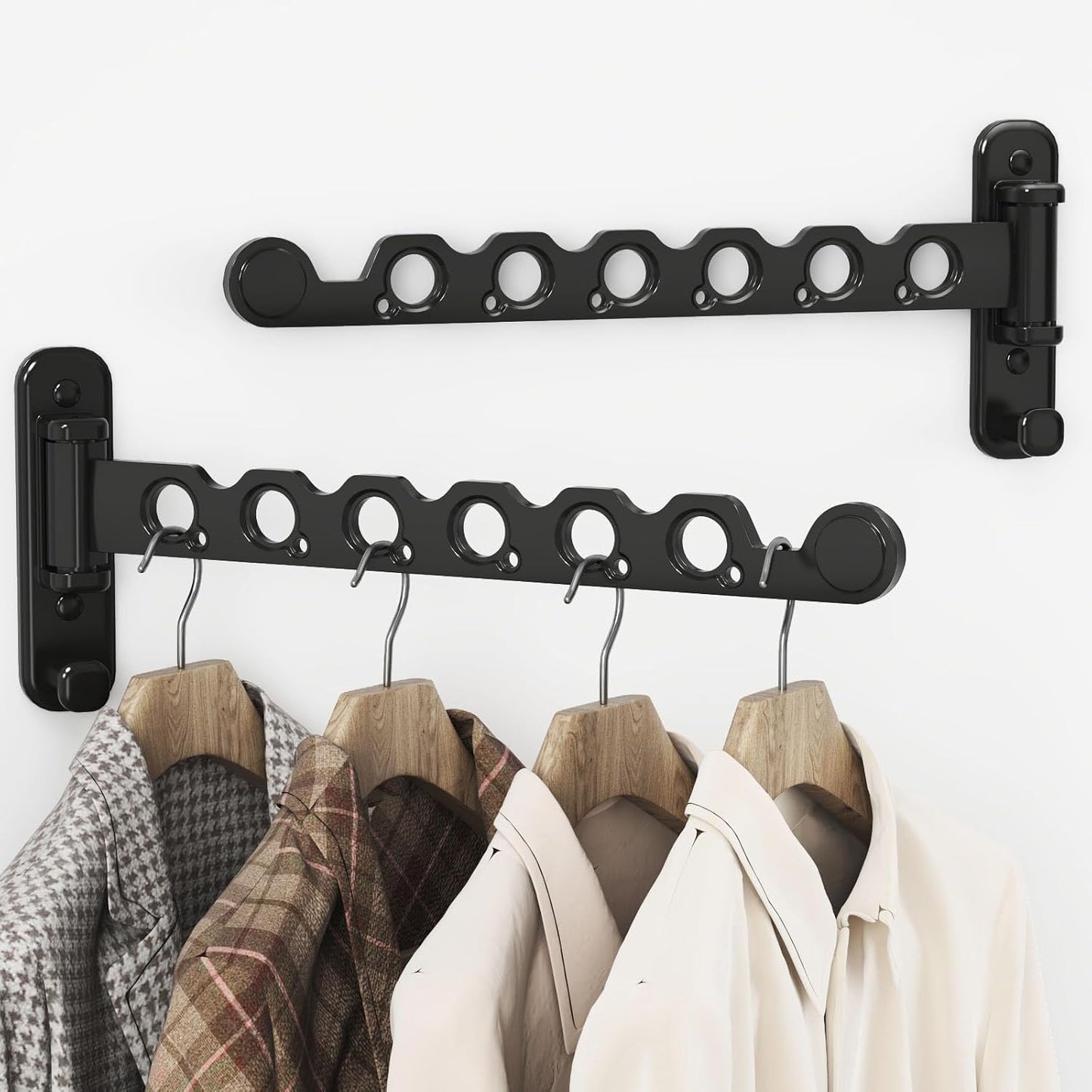Wall Mounted Clothes Hanger Rack Foldable Drying Rack Hook Folding Indoor for Laundry Room Organization Bedroom Collapsible Racks Perfect for Small Spaces, 6 Hole Black 1 Packs