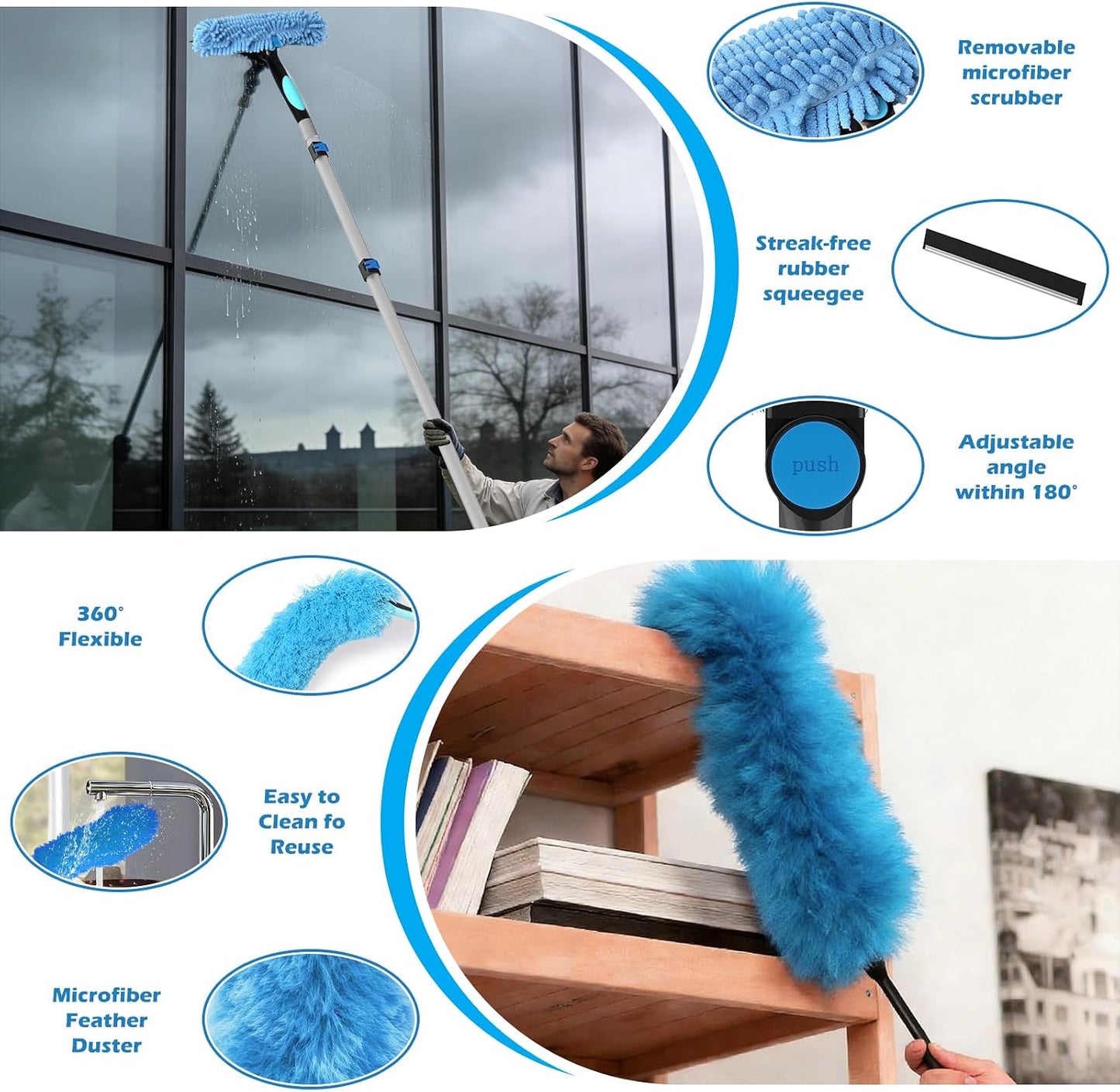 25FT Reach High Ceiling Duster Kits with 5-20FT Adjustable Pole - Includes Extra Long Duster, High Ceiling Duster, Rotatable Window Squeegee & Cobweb Duster for Ceiling Fans and Whole House Cleaning