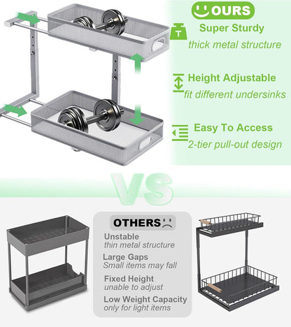 Under Sink Organizer 2 Pack, High Adjustable 2 Tier Under Sink Organizers and Storage, Slide out Metal Cabinet Organizers, Pull out Storage Drawer Shelf for Kitchen Bathroom Cabinet (Black-1pack)