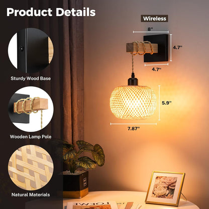 Battery Operated Wall Sconce with Remote Set of 2, Rechargeable Rattan Wall Sconces with 8000mAh Bulbs, Woven Bamboo Wall Light/Lamp Boho Wall Sconce for Bedroom (Black)