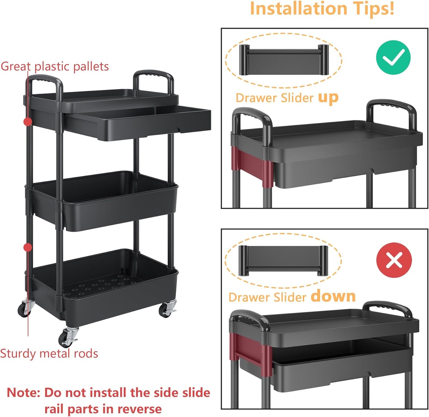 Calmootey 3-Tier Rolling Utility Cart with Drawer,Multifunctional Storage Organizer with Plastic Shelf & Metal Wheels,Storage Cart for Kitchen,Bathroom,Living Room,Office,White