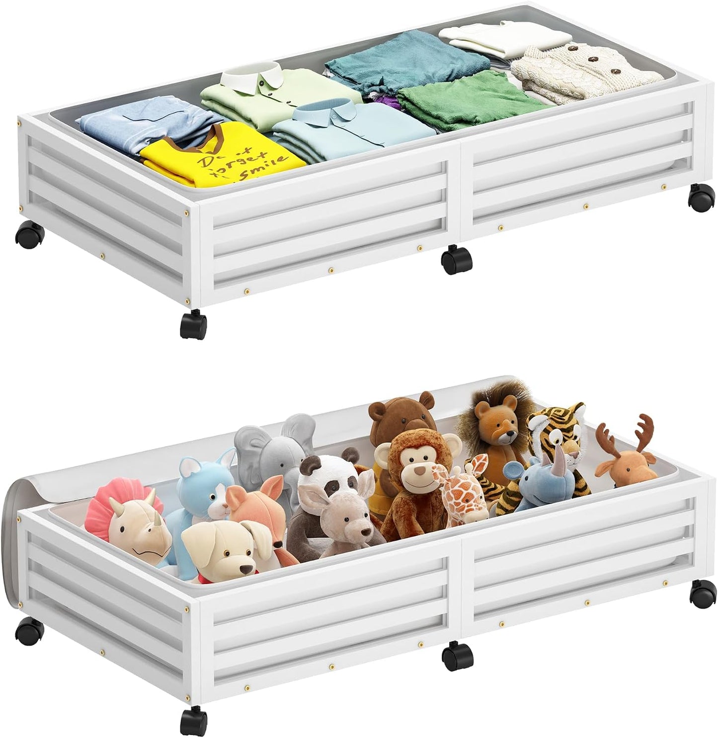 Wisuce 2 Packs Bamboo Under Bed Storage Organizer with Wheels White Small | 360° Lockable Wheels,120lbs Load Capacity, Multi-scene ,Dustproof Clear Storage Bag, Large Capacity,Easy Quick Assembly