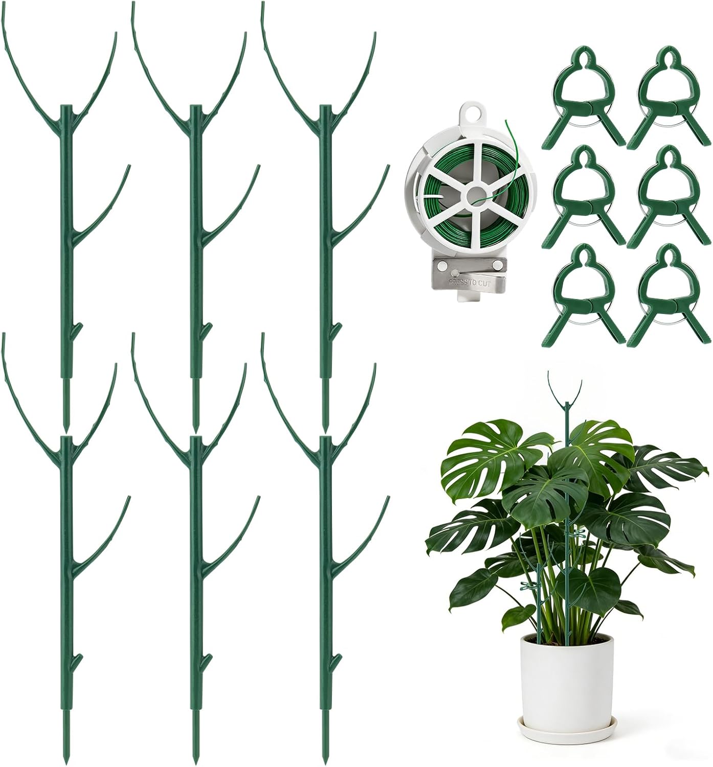 15 Packs Stackable Monstera Plant Support, 11 inch Plant Stakes with 131ft Garden Twist Tie & 10 Plant Clips for Indoor and Outdoor Plants Use Garden Trellis for Climbing and Potted Plants
