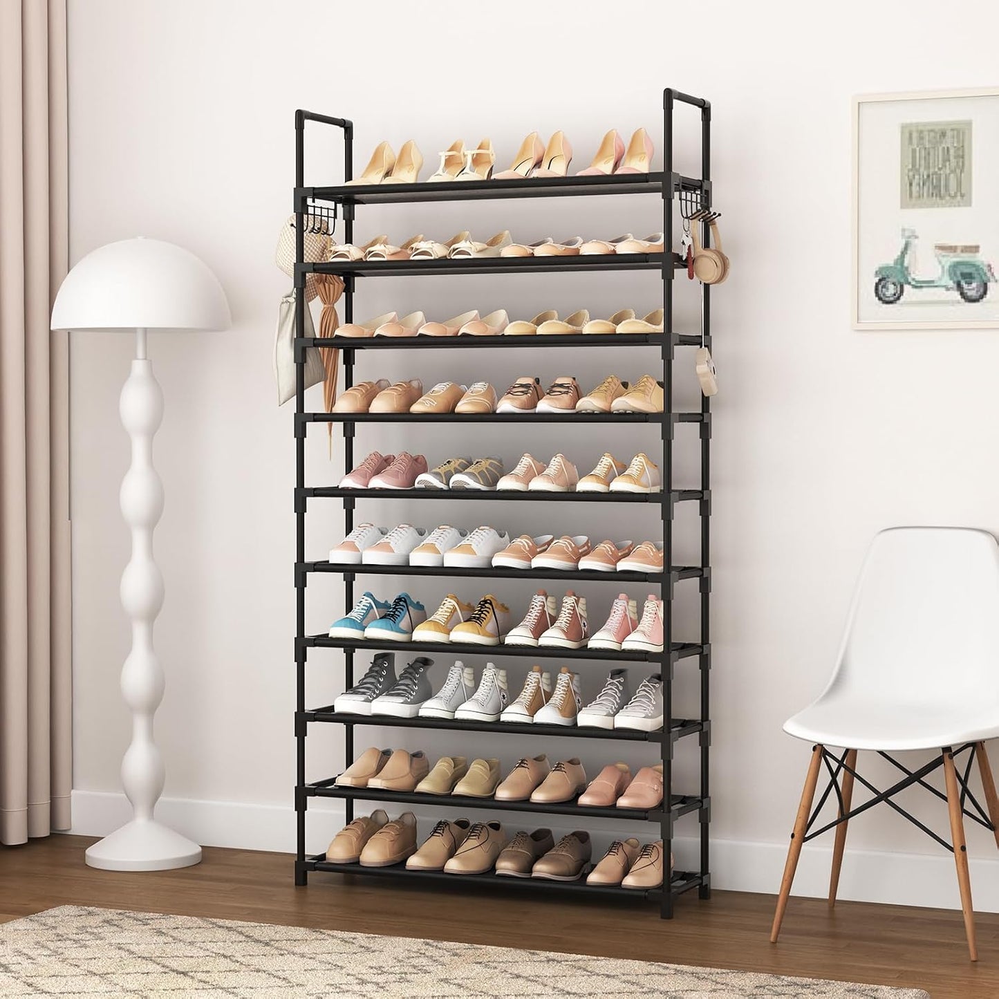 VTRIN 10 Tiers Tall Shoe Rack Holds 20-25 Pairs of Shoes Sturdy Vertical Shoe Organizer with 18pcs Hooks Stackable Narrow Shoe Rack for Closet, Entryway Black
