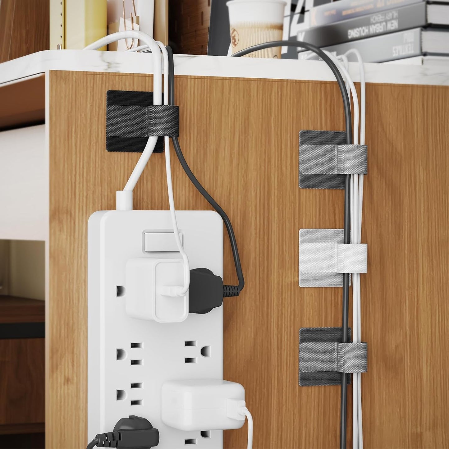 NiHome Cable Organizer Set with 12 Silicone Clips & 50 Hook and Loop Ties, Self-Adhesive Cord Holders for Desk, Wall, TV, PC, Reusable Cable Management for Charging Cords, Power Strips, Wire Bundling