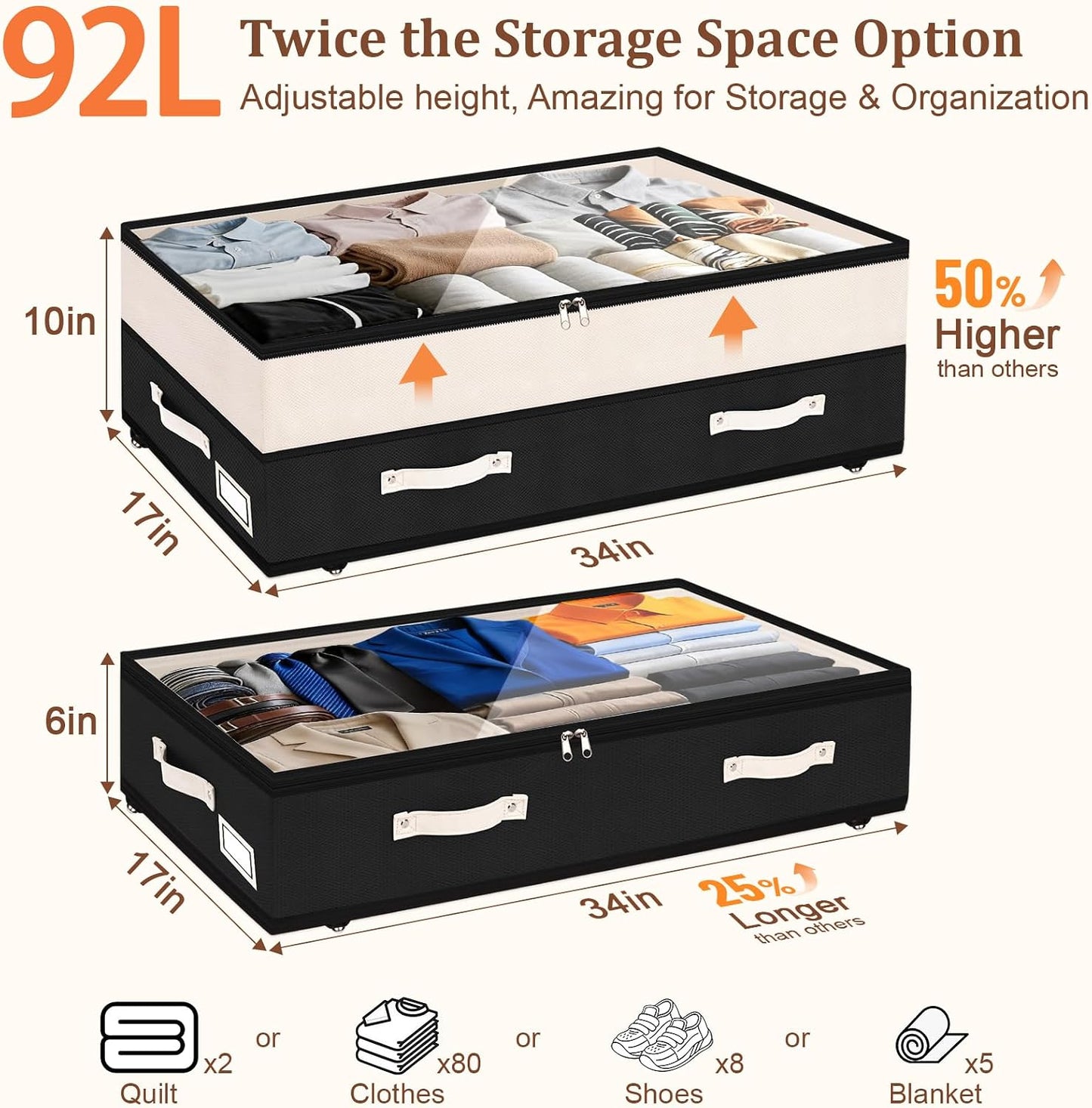 Dolicer 2 Pack Under Bed Storage with Wheels, 6in-10in Height Adjustable Underbed Storage Containers, 92L XXXL Under Bed Drawers Rolling Bin with Clear Lids for Dorm Shoes Clothes Organizers(Grey)
