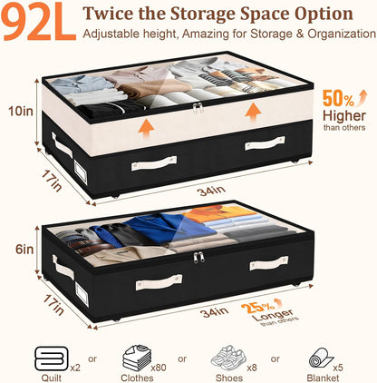 Dolicer 2 Pack Under Bed Storage with Wheels, 6in-10in Height Adjustable Underbed Storage Containers, 92L XXXL Under Bed Drawers Rolling Bin with Clear Lids for Dorm Shoes Clothes Organizers(Grey)