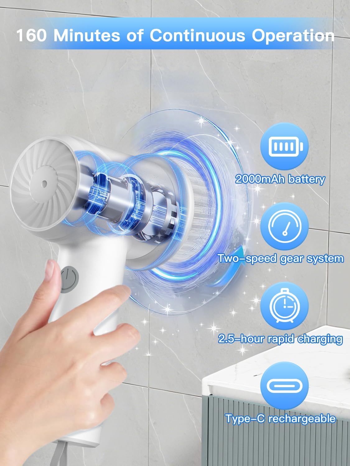 Electric Spin Scrubber with Power LCD Display, Cordless Bathroom Cleaning Brush with Adjustable Extension Handle, 400RPM/Mins, 9 Replaceable Brush Heads, IPX7 Waterproof for Shower, Bathtub, Tile