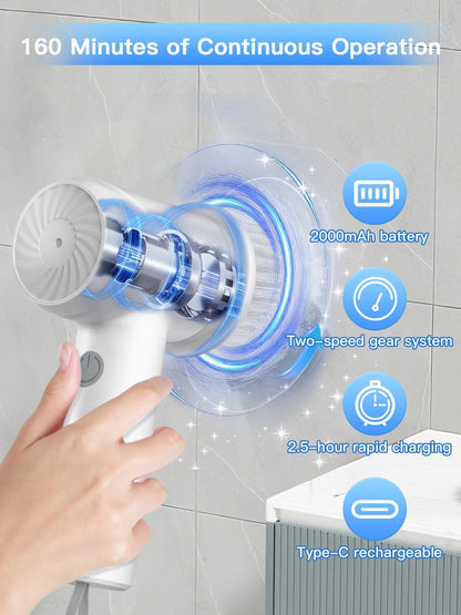 Electric Spin Scrubber with Power LCD Display, Cordless Bathroom Cleaning Brush with Adjustable Extension Handle, 400RPM/Mins, 9 Replaceable Brush Heads, IPX7 Waterproof for Shower, Bathtub, Tile