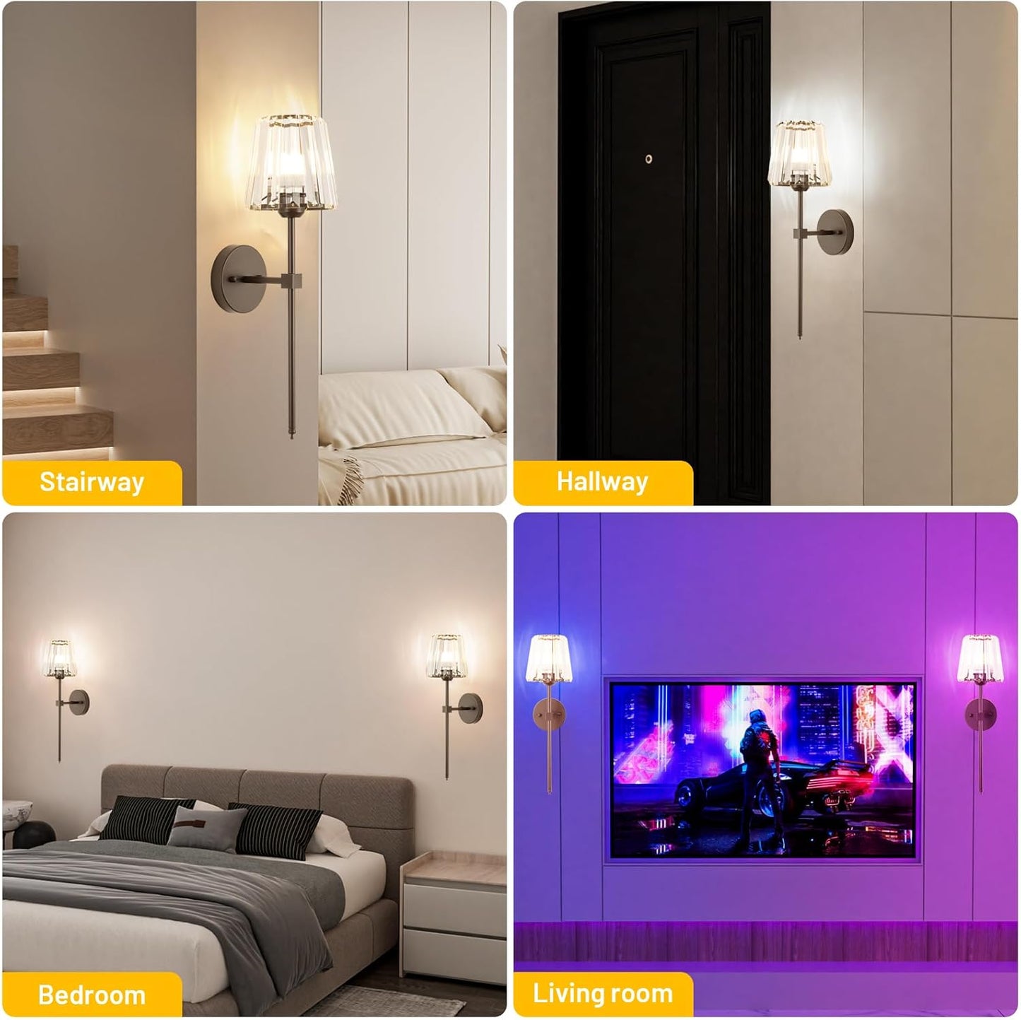 Crystal Battery Operated Wall Sconces Set of 2, Gold Rechargeable Wireless Wall Sconce Lights with Crystal Lampshade, 12 RGB and 3CCT Dimmable Wall Lamps with Remote for Bedroom Living Room Hallway