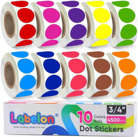4500 PCS 3/4" Colored Dot Stickers Circle Stickers Color Coding Labels, 10 Color Style Colorful Coding Label Sticker for Office, Student Classroom, Garage Sales (10 Rolls, 3/4 Inches)