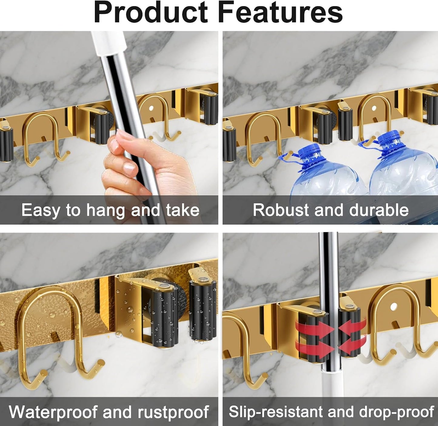 Broom Holder Wall Mount, Stainless Steel Mop Hanger with 4 Slots 6 Hooks, Tool Storage Wall Organizer for Kitchen Garden Garage Laundry Room Bathroom and RV, Black 1-Pack