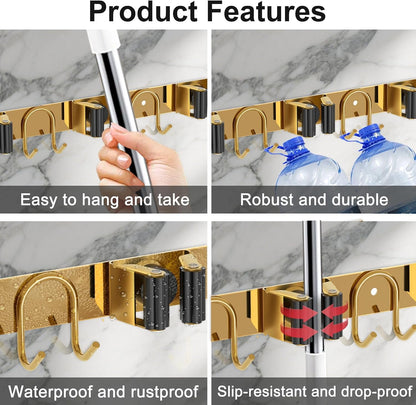 Broom Holder Wall Mount, Stainless Steel Mop Hanger with 4 Slots 6 Hooks, Tool Storage Wall Organizer for Kitchen Garden Garage Laundry Room Bathroom and RV, Black 1-Pack