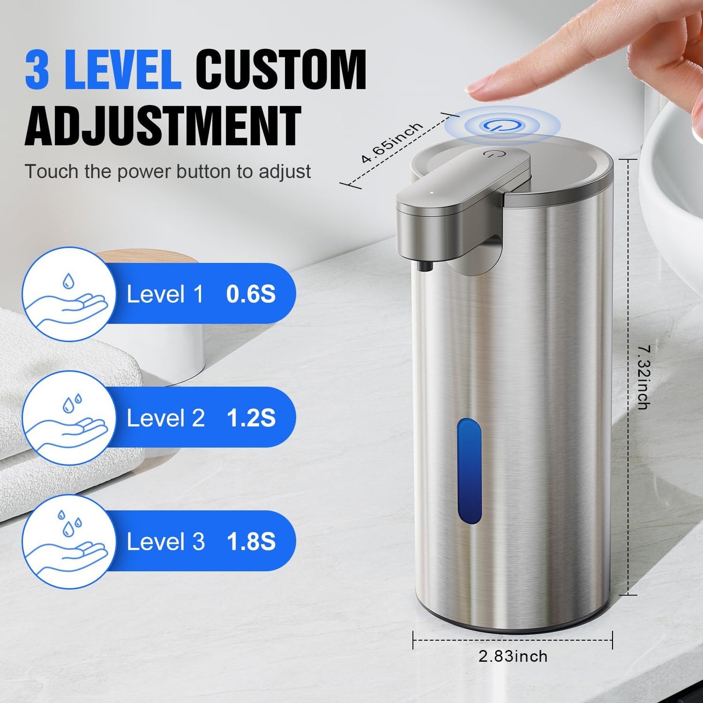 Fantictas Automatic Foaming Soap Dispenser Touchless, Stainless Steel 11.5 oz 3 Levels Adjustable Hand Soap Dispenser with Rechargeable Sensor Pump for Kitchen & Bathroom Liquid Soap