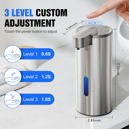 Fantictas Automatic Foaming Soap Dispenser Touchless, Stainless Steel 11.5 oz 3 Levels Adjustable Hand Soap Dispenser with Rechargeable Sensor Pump for Kitchen & Bathroom Liquid Soap