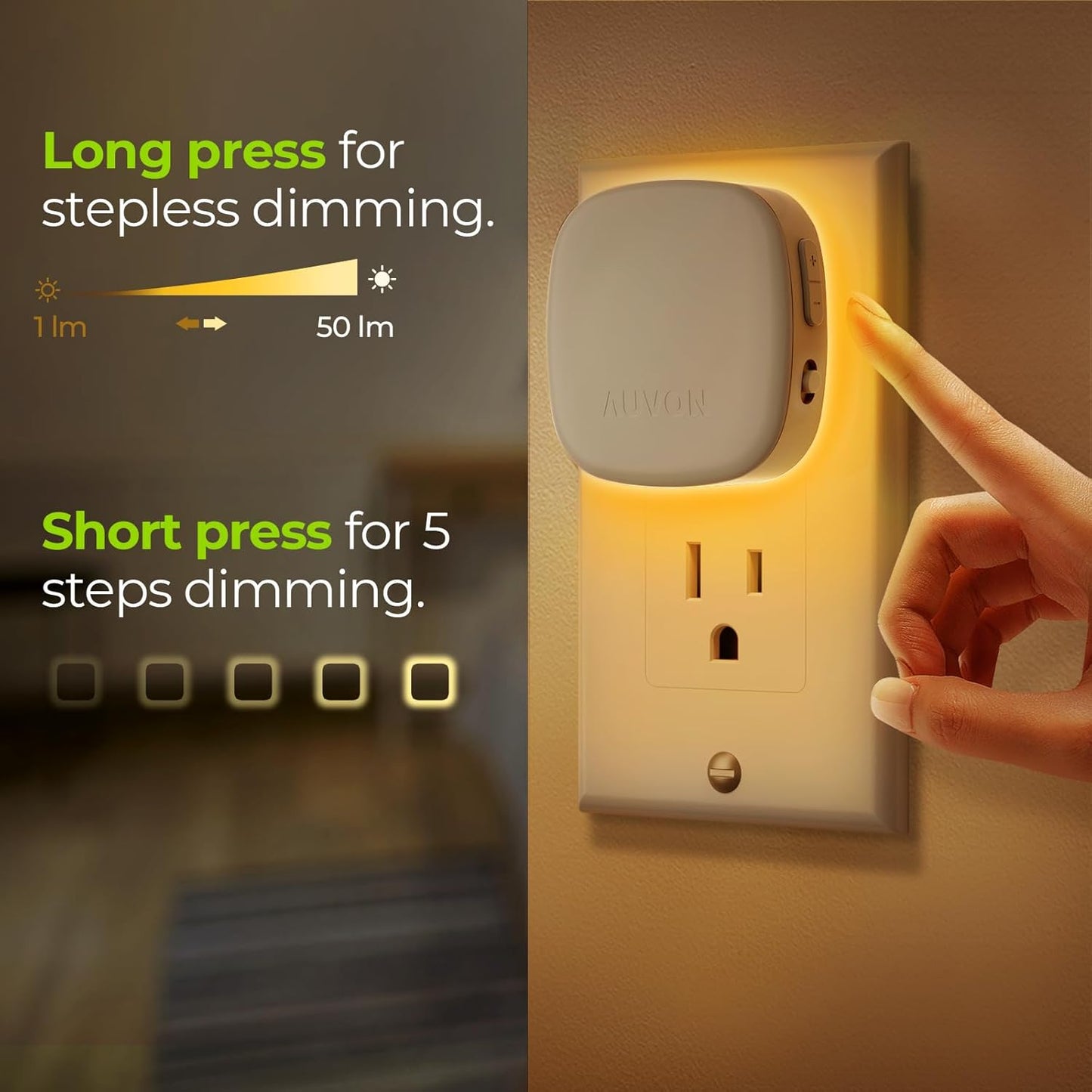 AUVON Plug-in LED Backlit Night Light with Motion Sensor & Dusk to Dawn Sensor, Dimmable Warm White Nightlight with 1-50 lm Adjustable Brightness for Bathroom, Bedroom, Hallway, Stairs (2 Pack)