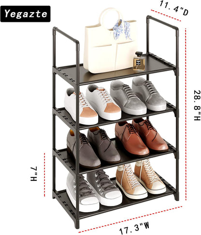 Upgrade Stackable Small Shoe Rack, 4-Tier Shoe Shelf Storage Organizer with Handle for Entryway, Hallway and Closet (Black)