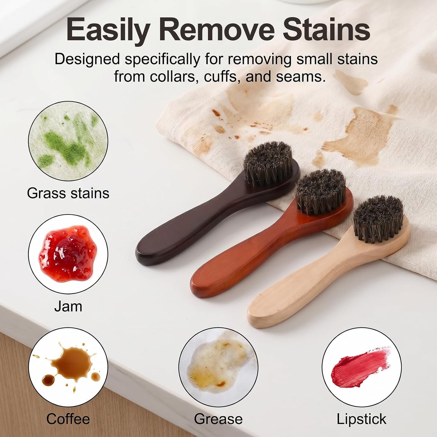 3 Pcs Wooden Laundry Stain Brush, Soft Bristle Brush Stain Remover Dauber Brushes with Round Head, Stain Tool Remover for Delicate Fabric, Cotton, Linens