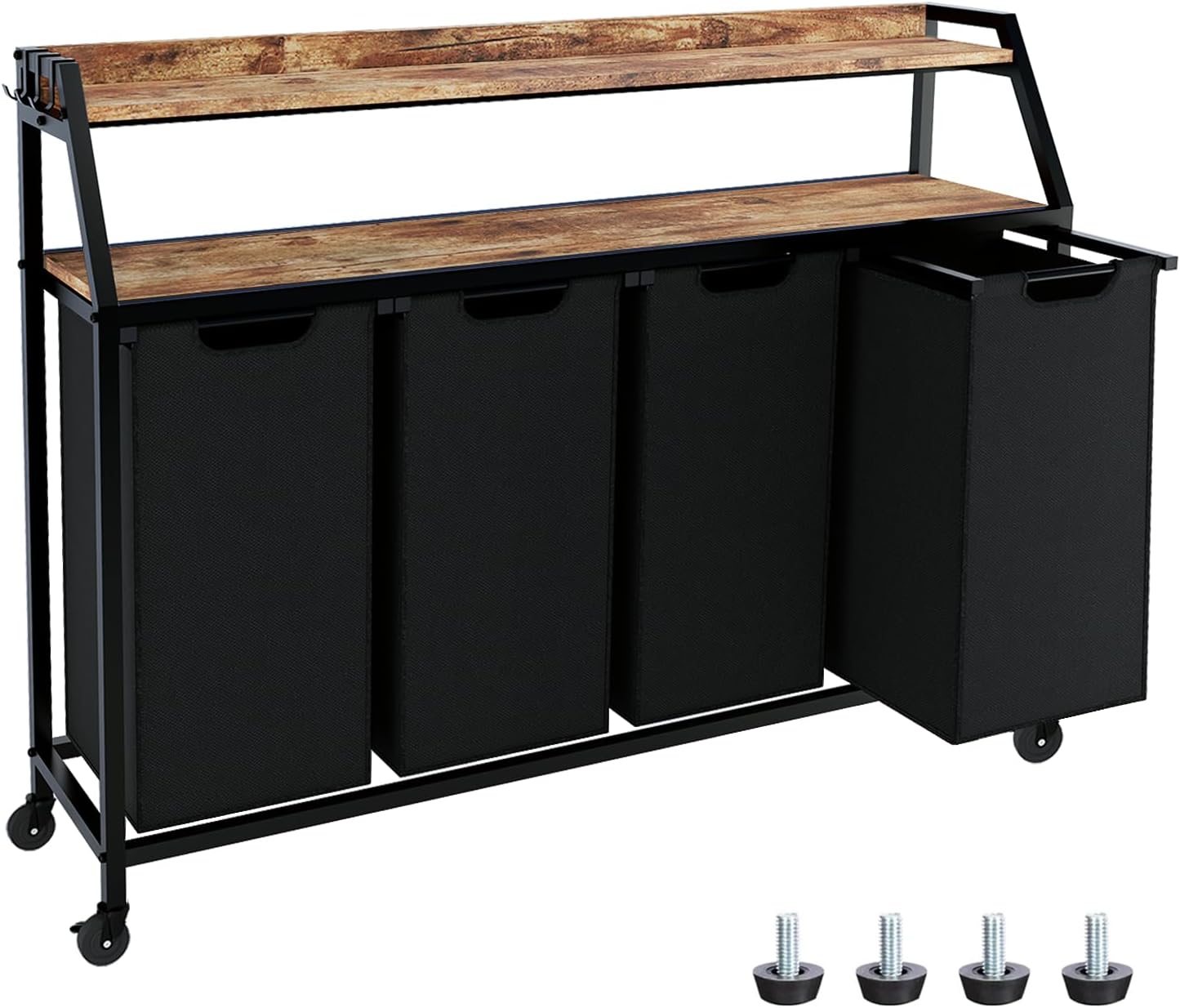 Timberer Laundry Hamper, Laundry Sorter 3 Section, Rolling Laundry Basket with Wheels, 2 Shelves, 3 × 14.5 Gal, Pull-Out and Removable Oxford Fabric Bags, for Laundry Room, Black and Rustic Brown