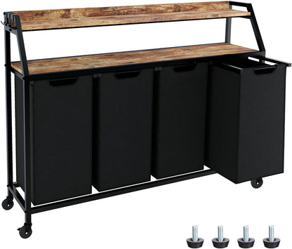Timberer Laundry Hamper, Laundry Sorter 3 Section, Rolling Laundry Basket with Wheels, 2 Shelves, 3 × 14.5 Gal, Pull-Out and Removable Oxford Fabric Bags, for Laundry Room, Black and Rustic Brown