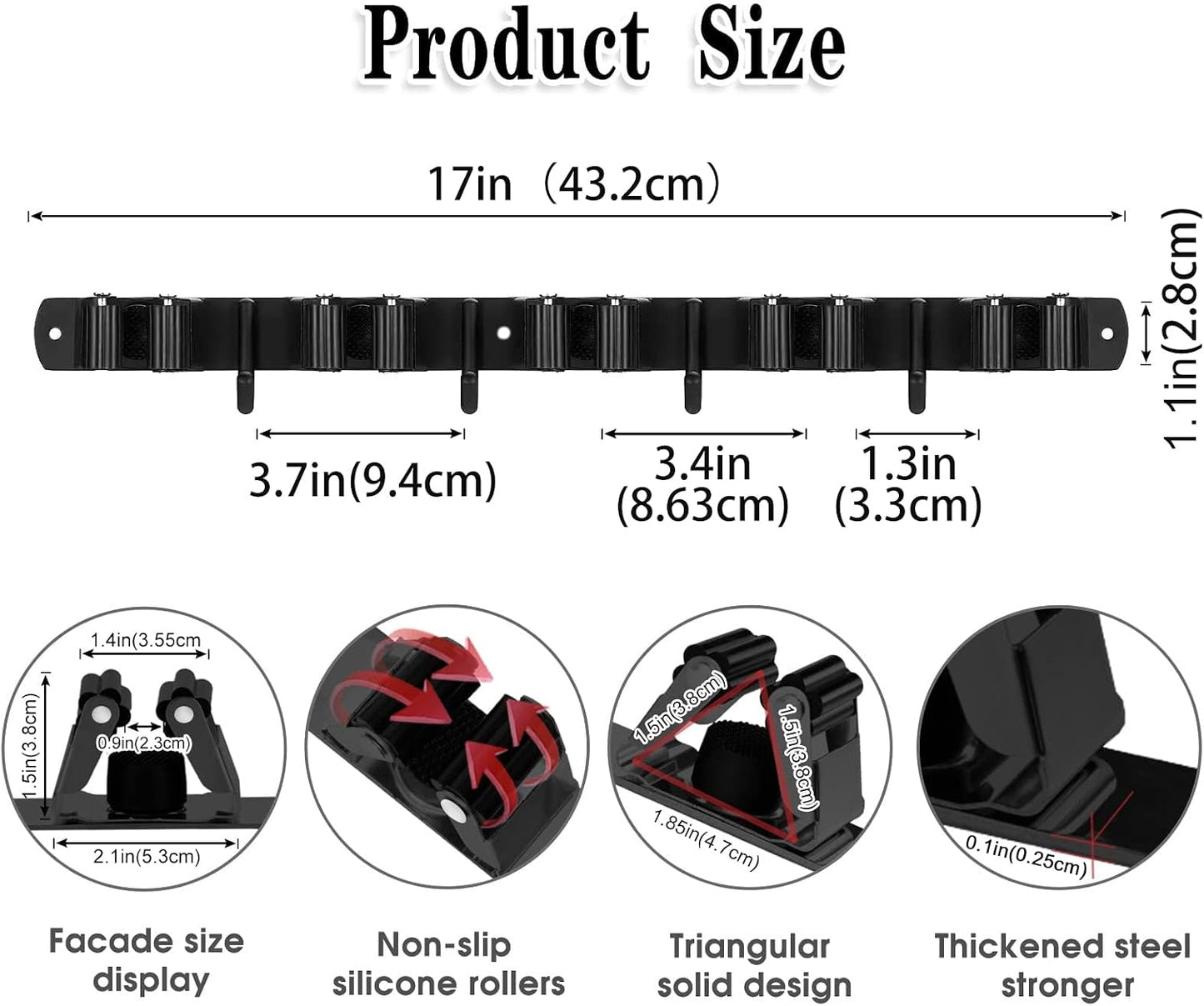 AceMining Broom Holder Wall Mount, 3 Racks 4 Hooks Heavy Duty Mop Organizer | Mop Holder Wall Mount and Broom Hanger for Garage, Laundry Room, Kitchen and Utility Storage