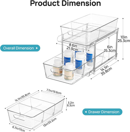 Vtopmart 2 Tier Bathroom Storage Organizer, 2 Pack Clear Under Sink Organizers Vanity Counter Container, Cabinet Drawers Bins, Pull-Out Organization with Track for Pantry, Kitchen