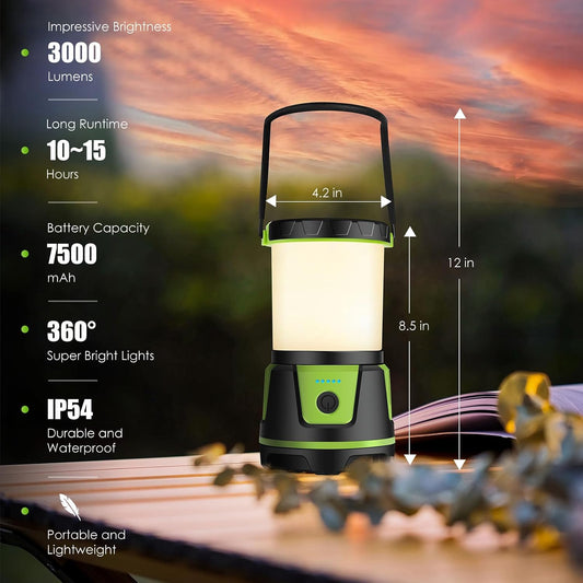 Rechargeable LED Lantern - 3000 Lumens, 5 Light Modes, IP54 Waterproof, 7500mAh Battery, Portable Flashlight for Camping, Hiking, Power Outages & Emergencie (Orange)