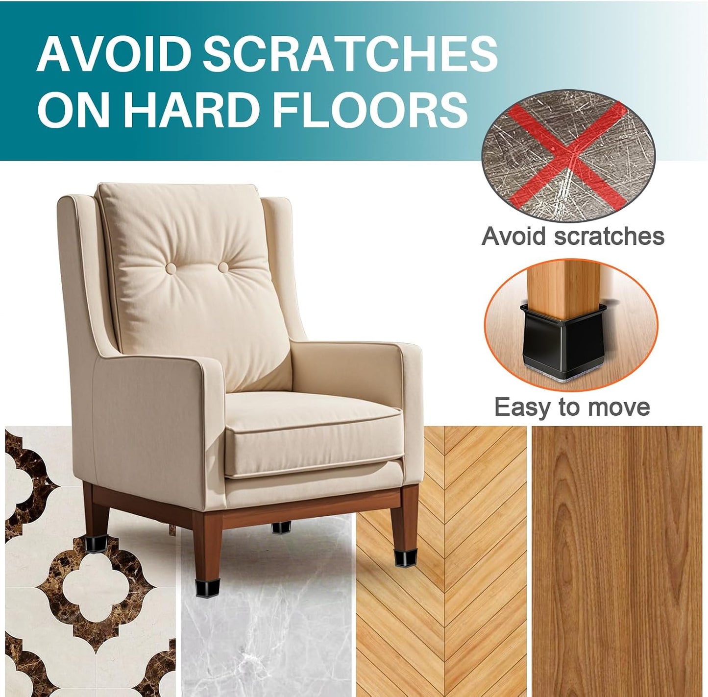 Ansible 24 Pcs Chair Leg Floor Protectors Square, Silicone Felt Furniture Leg Pads Caps Covers for Hardwood Floors (Fit:1-1/16" to 1-5/8")