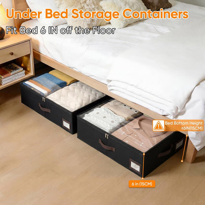 OIAHOMY 2 Pack 53L Under Bed Storage with Adjustable Dividers, 6" Low Profile Underbed Storage Bins for Comforters & Clothes, Save Closet Space with Clear View Lid & Reinforced Handles, Grey