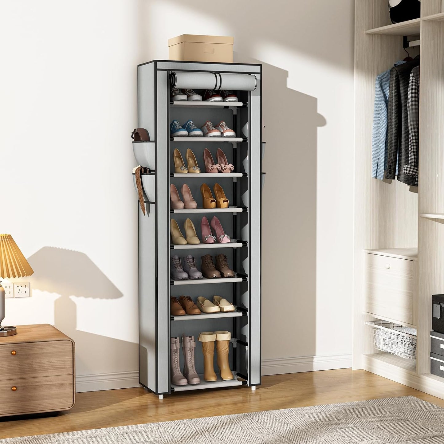 VILICK Shoe Rack with Cover Narrow Shoe Organizer with 4 Side Pockets 10 Tier Tall Shoe Storage Holds 18-22 Pairs Shoes and Boots Shoe Rack for Closet Entryway Garage