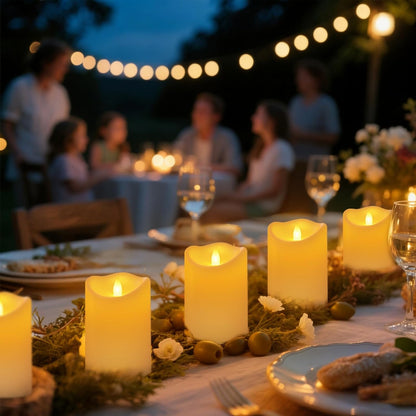 Outdoor Indoor Flameless Candles, Patented 3D Dual-LED, Set of 6 Slanted Top Durable Plastic Pillars with 2 Remotes & Timer, Non-Melting Waterproof Battery Candles for Patio Garden (Ivory)