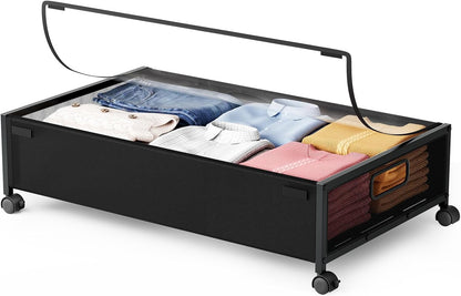 Under Bed Storage Containers with Wheels 2 Pack Underbed Shoe Storage Bedroom Storage Bins Organizer Large Capacity Under Bed Storage with Lid for Clothes Shoes Toys Blankets (Black)