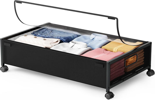 Under Bed Storage Containers with Wheels 2 Pack Underbed Shoe Storage Bedroom Storage Bins Organizer Large Capacity Under Bed Storage with Lid for Clothes Shoes Toys Blankets (Black)