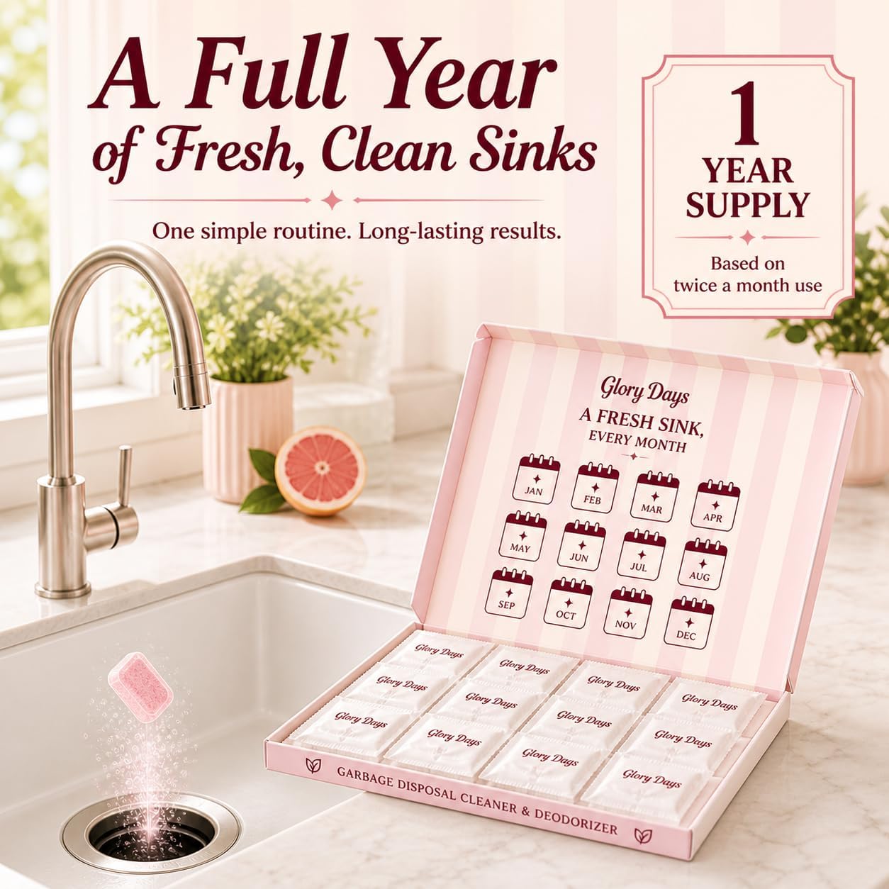 Glory Days Garbage Disposal Cleaner and Deodorizer Tablets | Foaming Citrus Drain Freshener, Sink Odor and Grease Buildup Remover, Septic Safe, Plant Based, Plastic Free