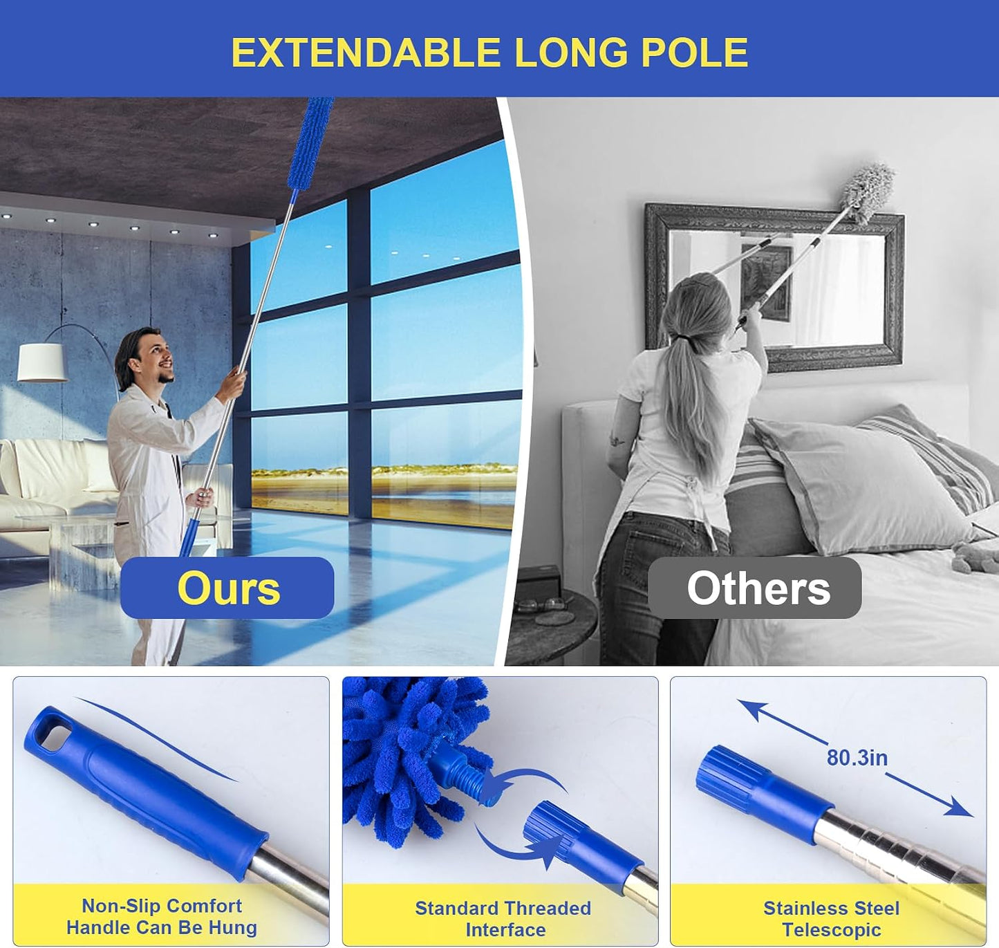 Dusters for Cleaning High Ceiling Fan, Newliton Microfiber Feather Duster with 30'' to 100'' Telescoping Extension Pole, Long Extendable Duster for Home Car Furniture Cobweb Gray