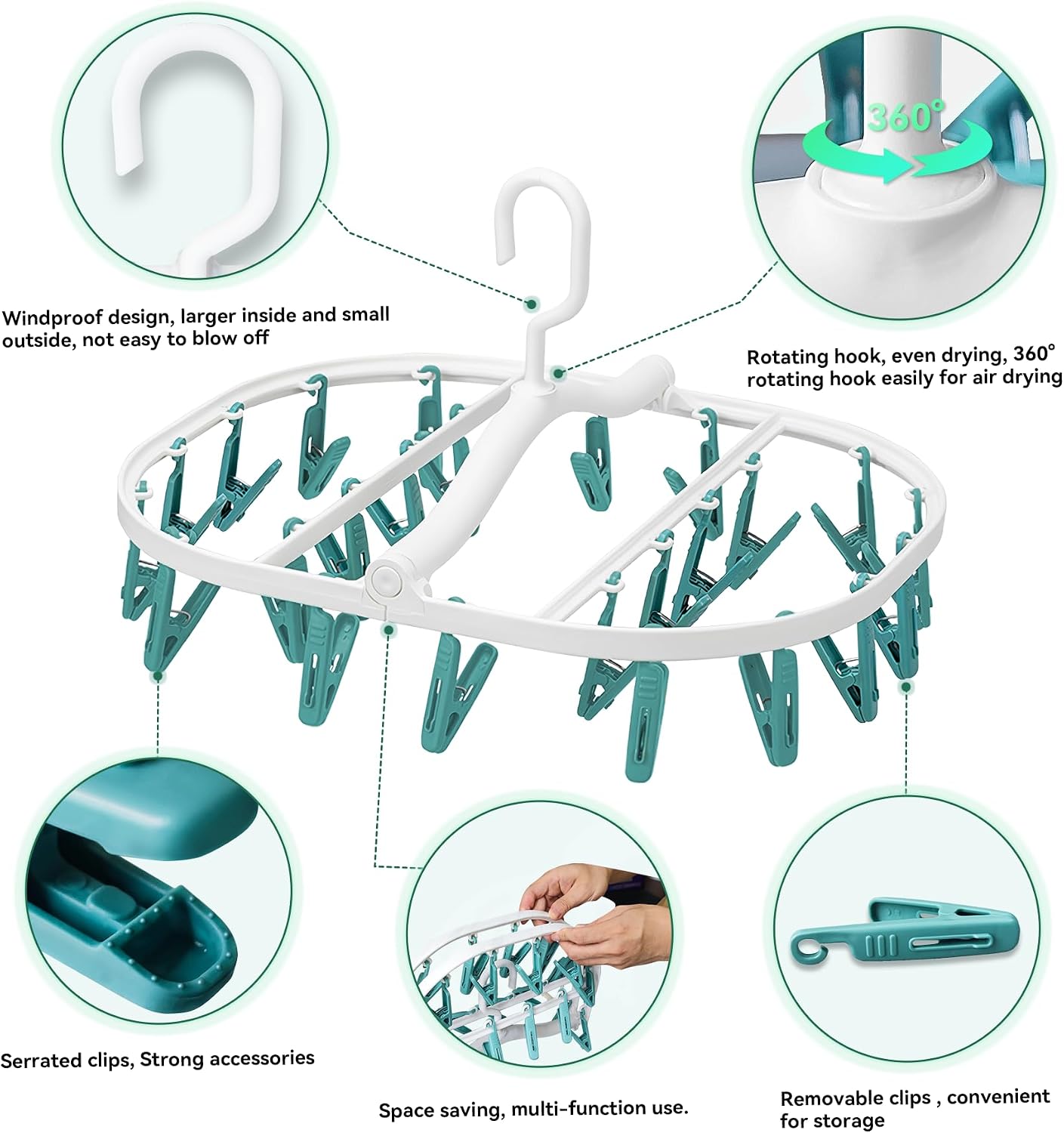 Plastic PP Drying Hanger, Anti-Rusty Drying Rack for Clothes, Socks, Lingeries, Delicates, Drying Hanger with 32 Clips for Baby Clothes, Towels