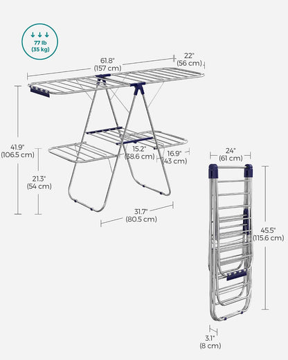 SONGMICS Clothes Drying Rack, with Sock Clips, Metal Laundry Rack, Foldable, Space-Saving, Free-Standing Airer, with 2 Height-Adjustable Gullwings, Indoor Outdoor Use, Gray ULLR052G01
