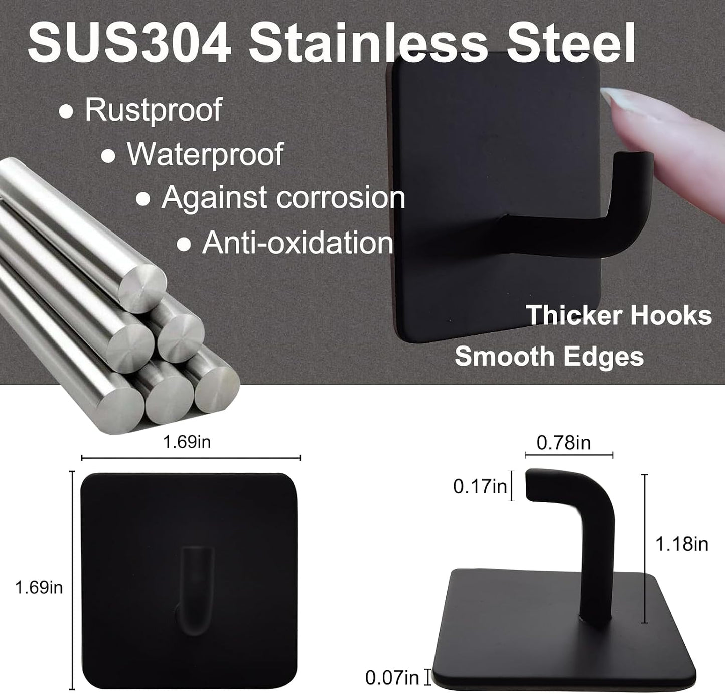 Adhesive Hooks Heavy Duty 8 Pack Stainless Steel Wall Hooks No Drill, Waterproof Bathroom Towel Hooks, Removable Sticky Hooks for Kitchen Shower Door Bedroom – 15 lbs Max, Matte Black