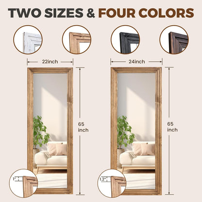 65"x22" Full Length Mirror Solid Wood Frame Floor Mirror with Stand for Living Room, Bedroom Hanging Standing or Leaning, Brown