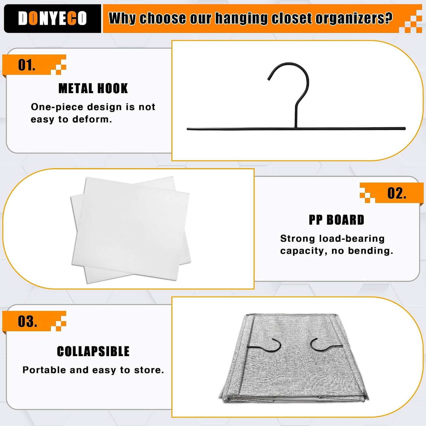Hanging Closet Organizer 3-Shelf, Oxford Fabric Wardrobe Storage, Gray | Easy-mount foldable design holds clothes, handbags, shoes & accessories; washable Oxford fabric, sturdy and space-saving.