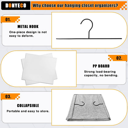 Hanging Closet Organizer 3-Shelf, Oxford Fabric Wardrobe Storage, Gray | Easy-mount foldable design holds clothes, handbags, shoes & accessories; washable Oxford fabric, sturdy and space-saving.
