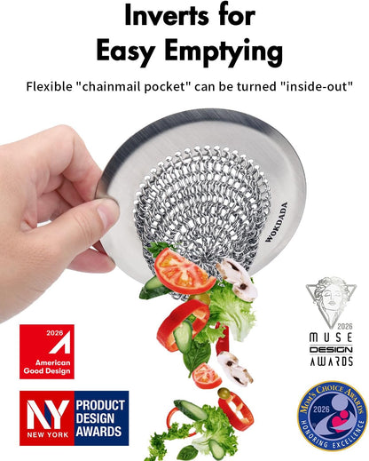 WOKDADA Upgraded Sink Drain Strainer, Patented Reversible Chain Mail Mesh | Anti-Slip Ring, Fast Drainage, Reversible Flip Clean, Rust-Proof, Universal 4.4-Inch, Large Capacity, Garbage Disposal Fit