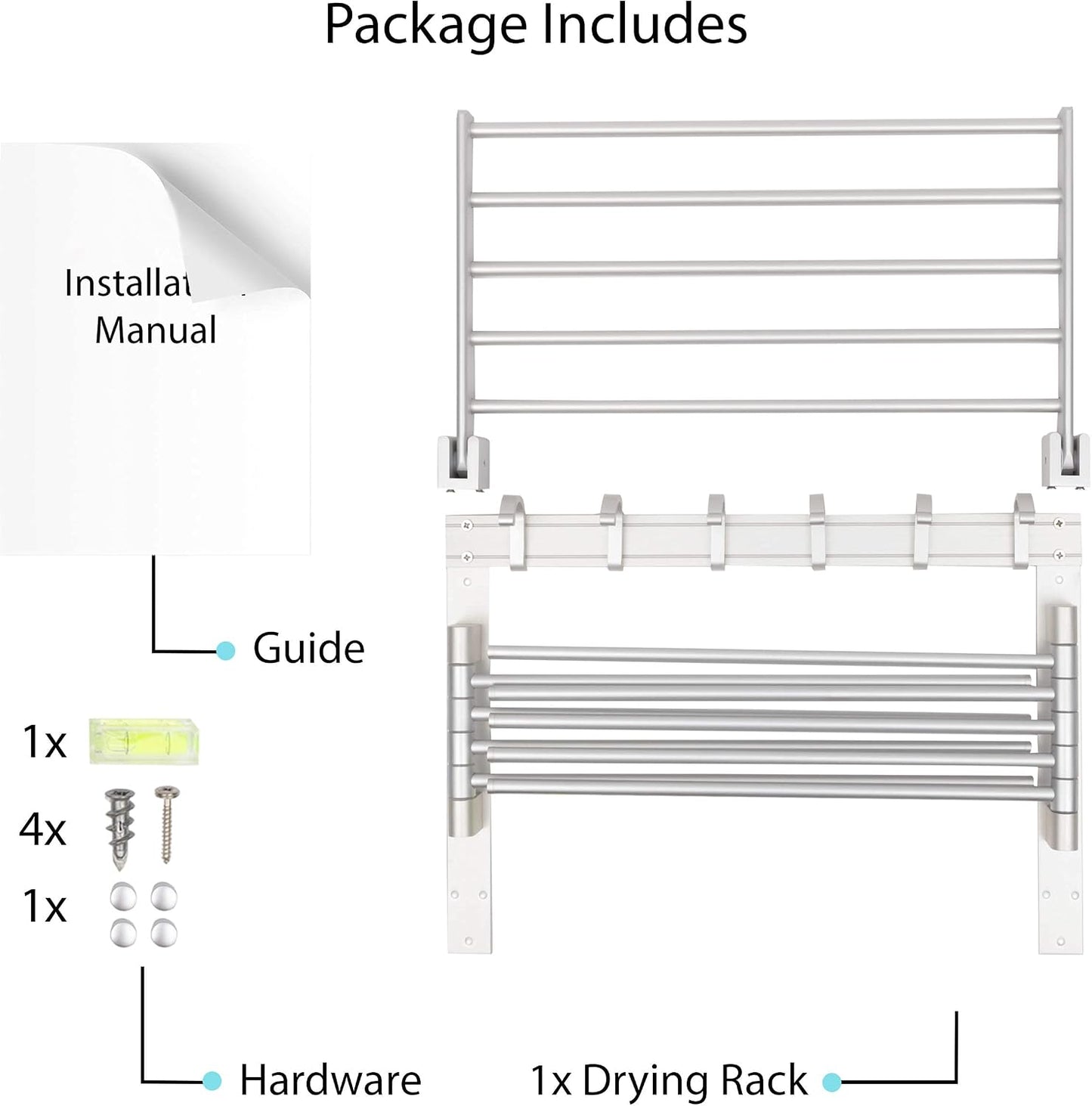 BGT Wash Clothes Drying Rack Wall Mount Laundry Room Organizer with Hooks & Swing Arms, 17" Metal Laundry Rack Silver