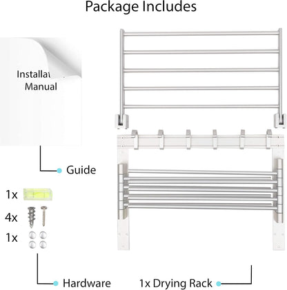 BGT Wash Clothes Drying Rack Wall Mount Laundry Room Organizer with Hooks & Swing Arms, 17" Metal Laundry Rack Silver