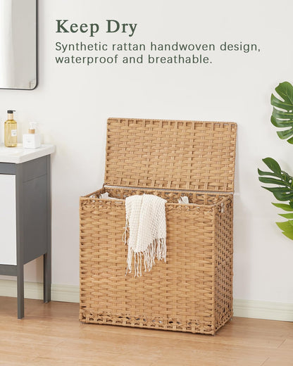 SETVSON Laundry Hamper with Lid Laundry Basket 132 L (35 Gal) Wicker Clothes Hamper, Handwoven Rattan Hamper with Handles and 4 Removable Liner Bags, 6 Mesh Bags for Laundry Bedroom Natural