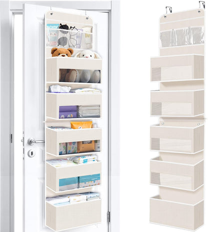 WISELIFE Over The Door Organizer Storage with 4 Large Pockets Door Hanging Organizer with Clear Windows behind The Door Storage for Nursery Bedroom Bathroom Pantry Closet and Baby Essentials Dark Grey