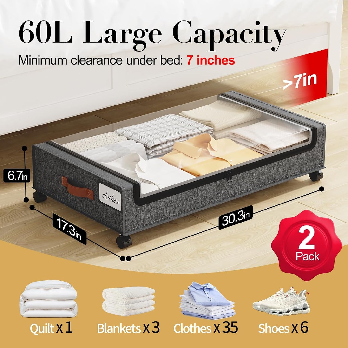 Yecaye Under Bed Storage with Wheels, 2 Pack Under the Bed Storage Containers with Lids & Label, XXL 60L Rolling Underbed Storage Drawers for Clothes, Blankets, Shoes, Black