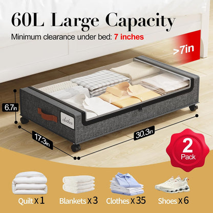 Yecaye Under Bed Storage with Wheels, 2 Pack Under the Bed Storage Containers with Lids & Label, XXL 60L Rolling Underbed Storage Drawers for Clothes, Blankets, Shoes, Black